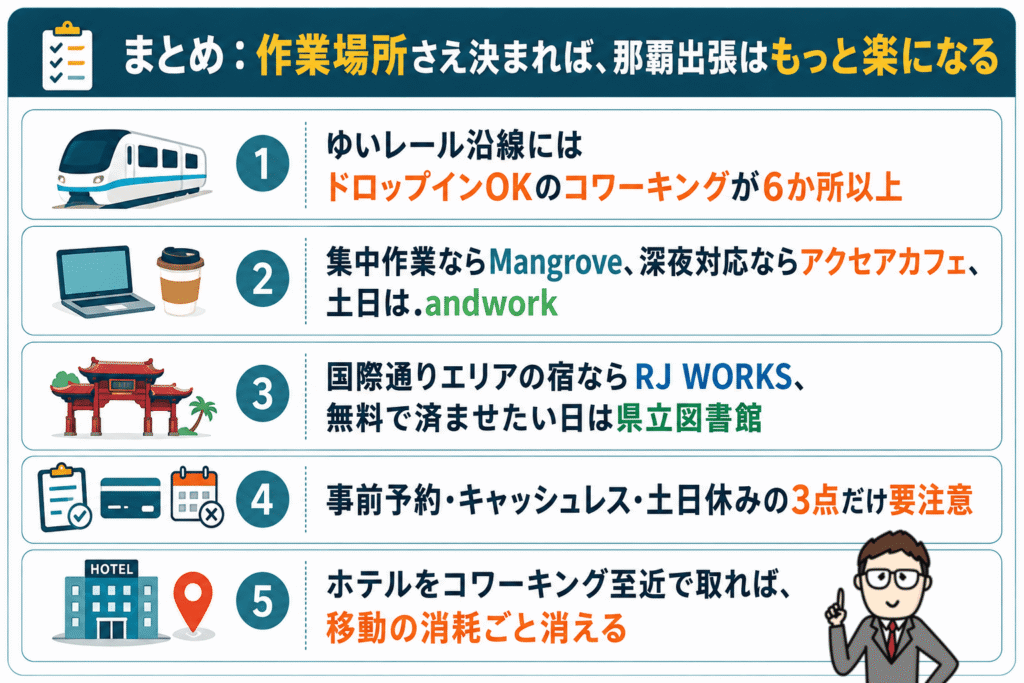 那覇出張の作業場所まとめ|ゆいレール沿線のコワーキング活用法とホテル選びのポイントを図解