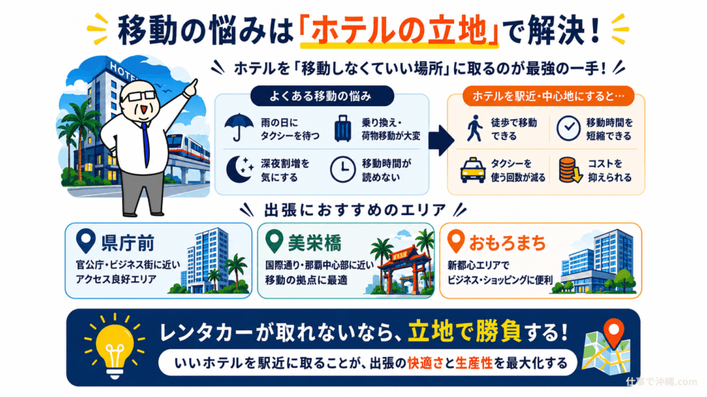 沖縄出張の移動はホテル立地で解決できることを解説するインフォグラフィック|駅近ホテル選びのメリットとおすすめエリアを図解