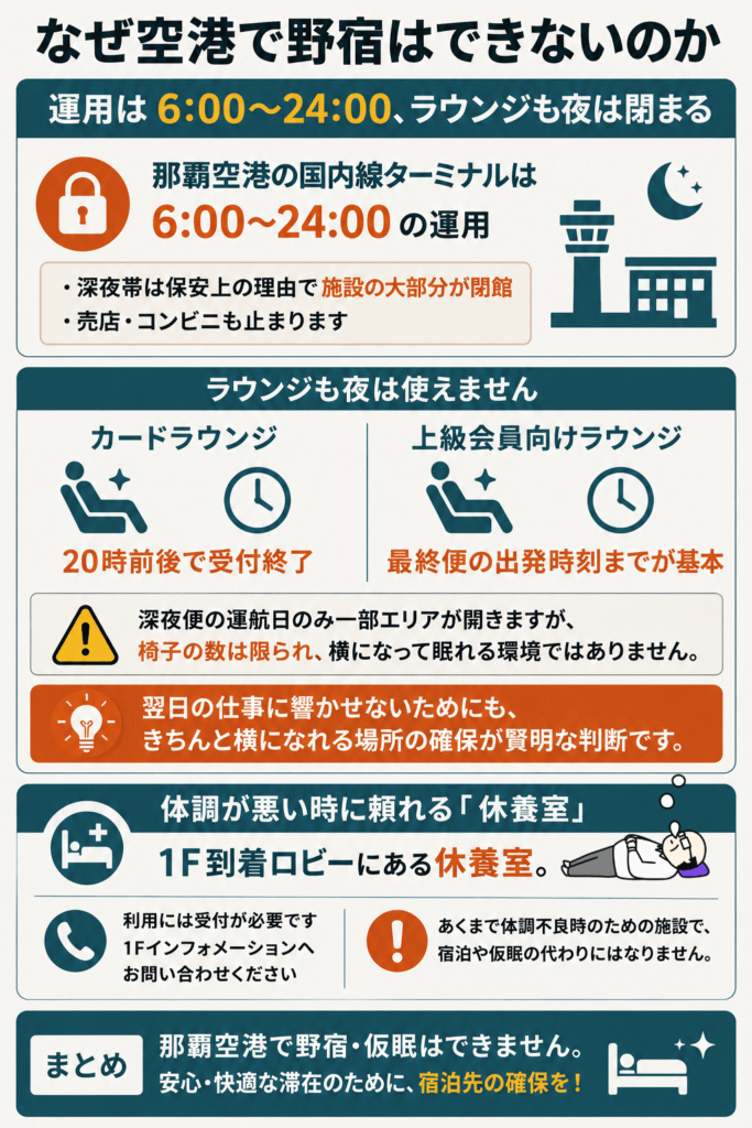 那覇空港で野宿できない理由を図解|運用時間やラウンジ営業時間、休養室の利用条件をわかりやすく解説