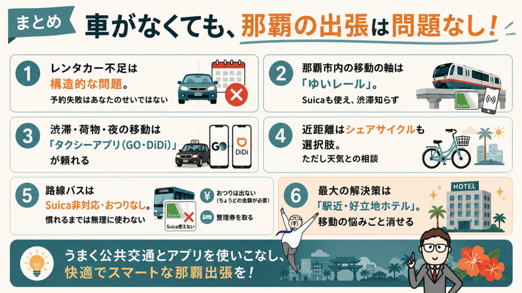沖縄出張でレンタカーなしでも快適に移動する方法をまとめたインフォグラフィック|ゆいレール・タクシーアプリ・シェアサイクル・駅近ホテル活用術