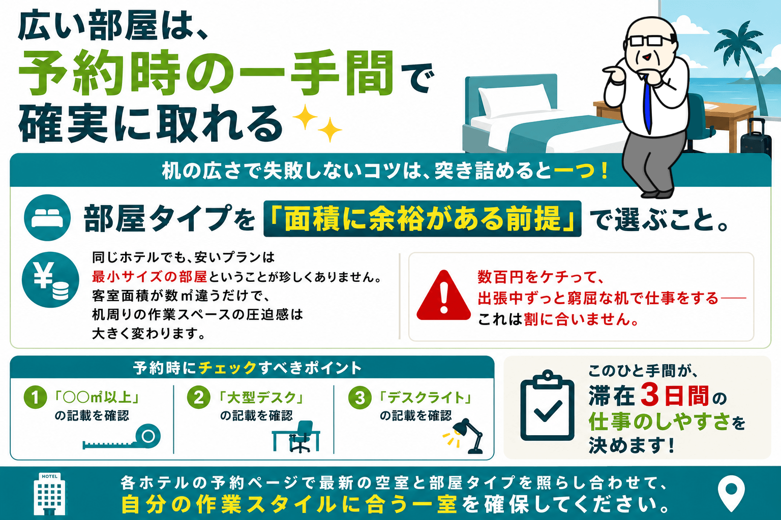 広い部屋は予約時の一手間で確実に取れることを解説し、デスクの広さで失敗しないための部屋選びのポイントをまとめたインフォグラフィック