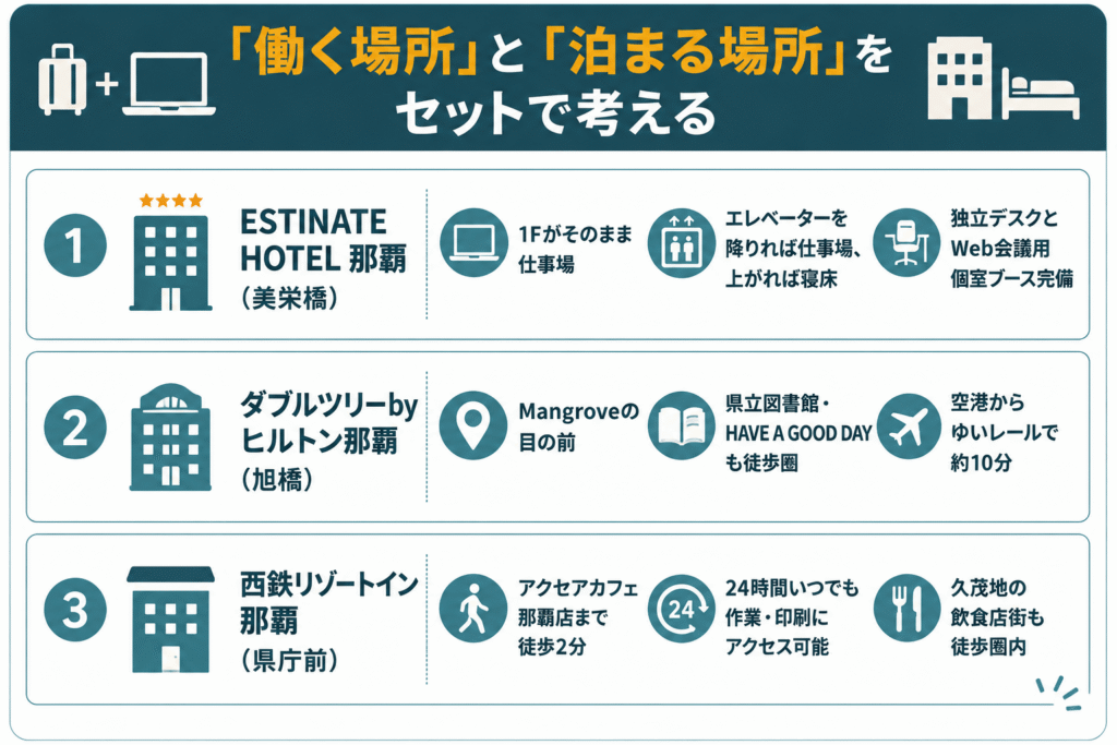那覇のホテルとコワーキングを組み合わせるおすすめプラン|ESTINATE HOTEL那覇・ダブルツリーbyヒルトン那覇・西鉄リゾートイン那覇を図解