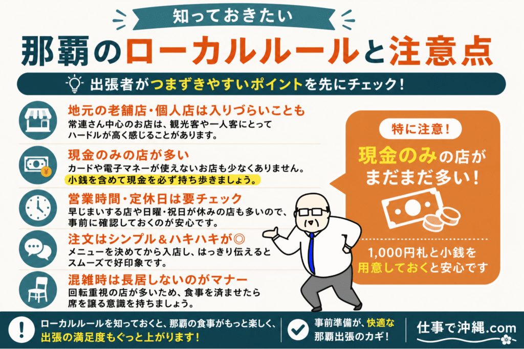 那覇でひとり飯をする際に知っておきたいローカルルールと注意点をまとめたインフォグラフィック