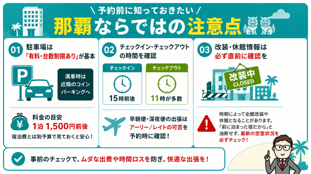 那覇のホテルを予約する前に知っておきたい注意点として、駐車場料金・チェックイン時間・改装休館情報を解説したインフォグラフィック