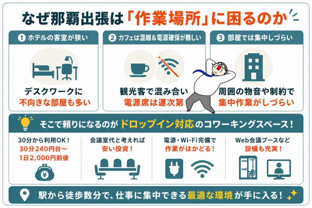 那覇出張の作業場所問題を解説|ホテル・カフェの課題とコワーキングスペース利用のメリットを図解
