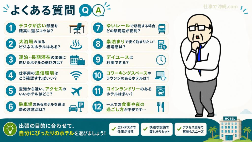那覇出張でよくある質問をまとめたFAQ一覧。デスクが広いホテルの選び方や大浴場、Wi-Fi、駐車場、長期滞在向けホテルなどを解説したインフォグラフィック