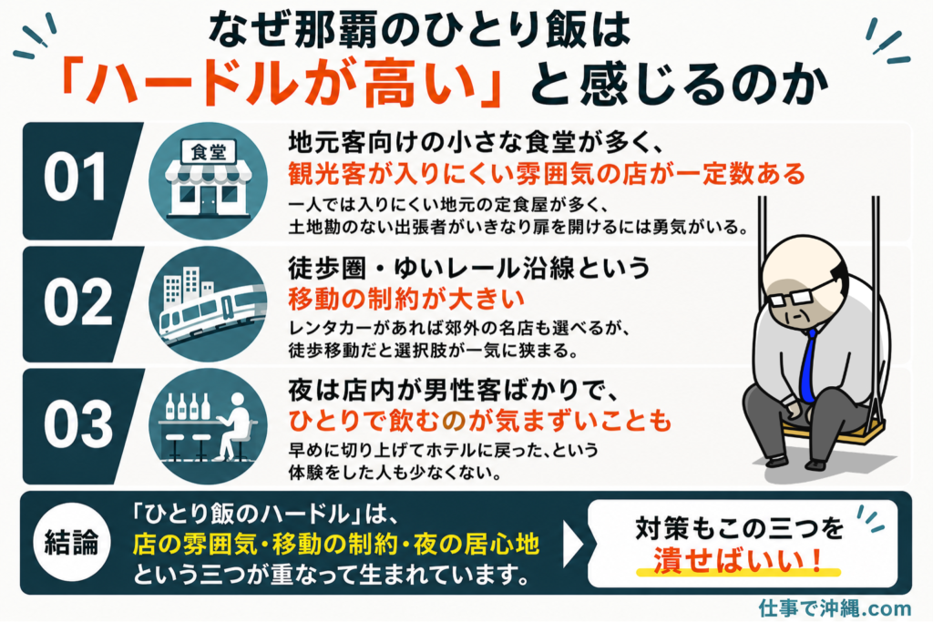 なぜ那覇のひとり飯はハードルが高いと感じるのかを解説し、店の雰囲気・移動の制約・夜の居心地の3つの理由をまとめたインフォグラフィック