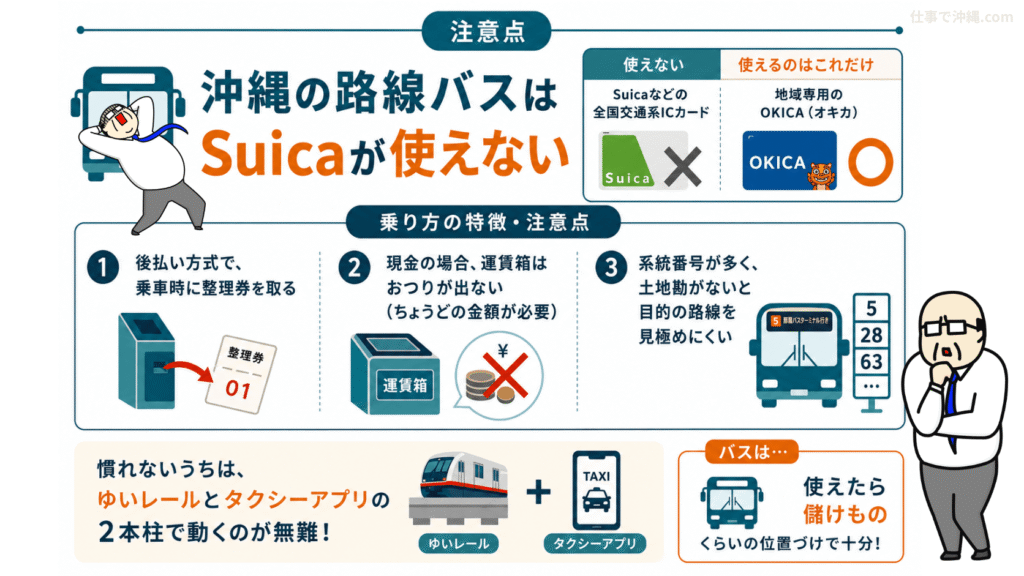 沖縄の路線バスはSuicaが使えないことを解説するインフォグラフィック|OKICA対応や乗車時の注意点を図解