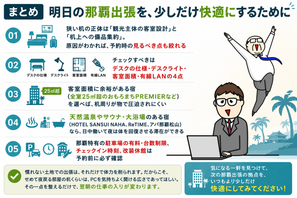 那覇出張を快適にするためのホテル選びのポイントをまとめたインフォグラフィック
