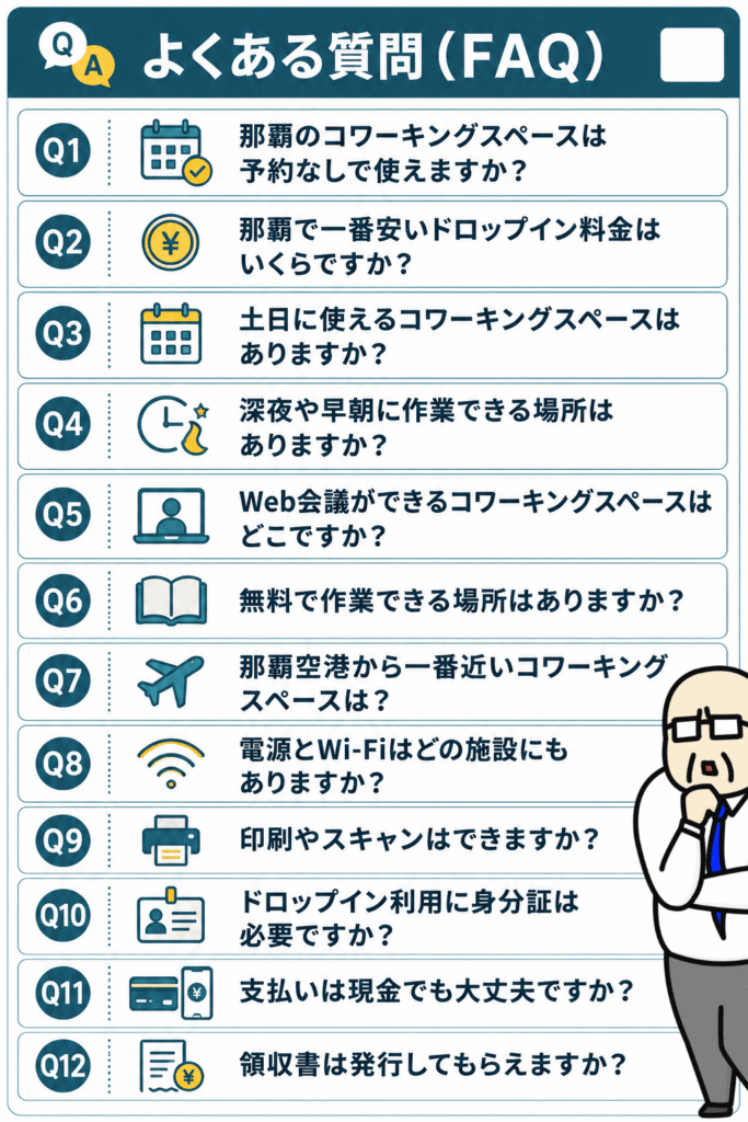 那覇のコワーキングスペースFAQ|予約・料金・土日営業・Web会議・Wi-Fi・領収書などの疑問を図解