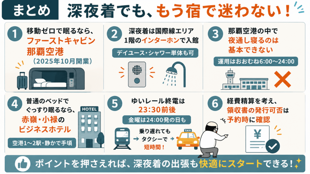那覇空港で深夜到着した時の宿泊方法まとめ|ファーストキャビン那覇空港や赤嶺・小禄のホテル、終電・タクシー情報を図解