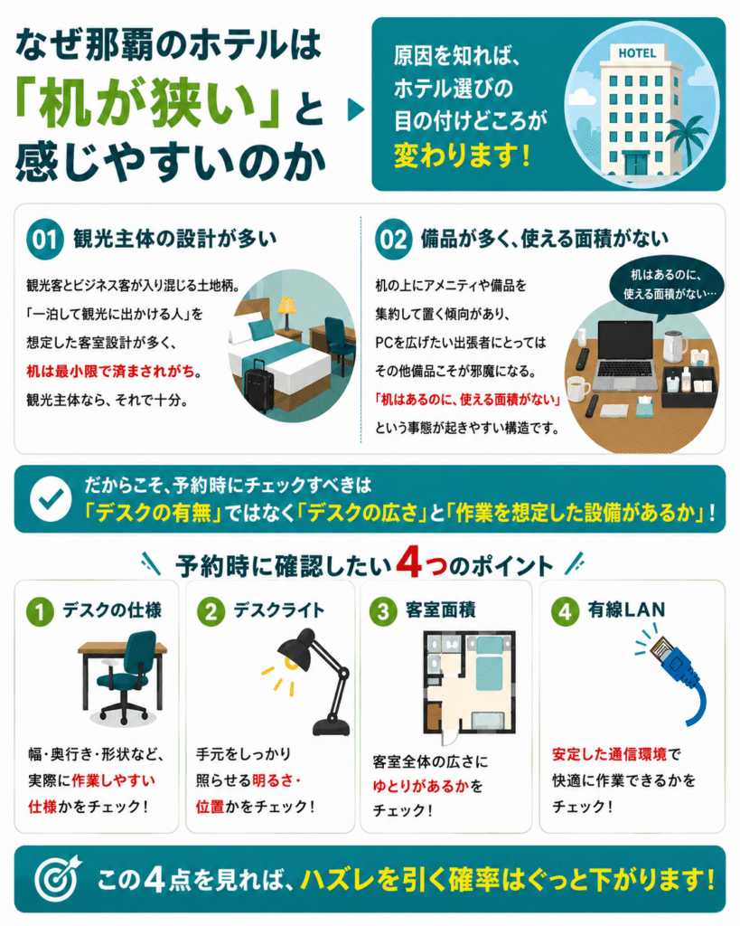 なぜ那覇のホテルは机が狭いと感じやすいのかを解説し、予約前に確認したい4つのチェックポイントを紹介するインフォグラフィック