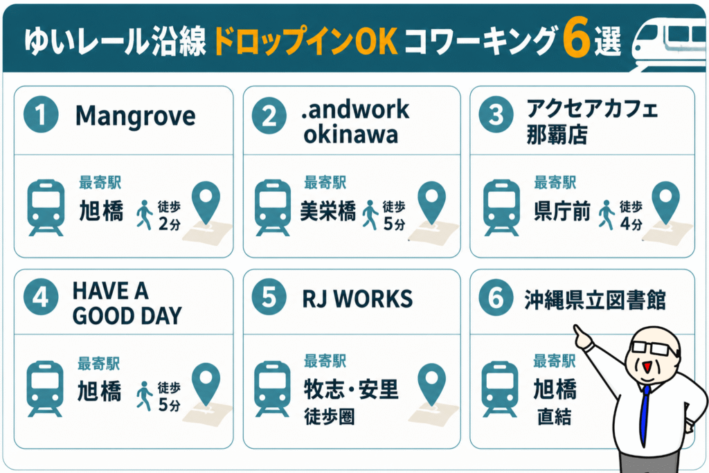 那覇のドロップイン対応コワーキング6選|旭橋・美栄橋・県庁前・牧志エリアの施設を駅別に図解