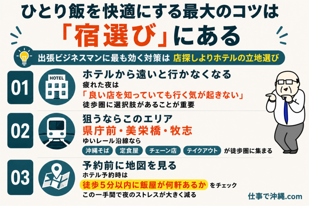 那覇出張のひとり飯を快適にするためのホテル立地選びのコツをまとめたインフォグラフィック