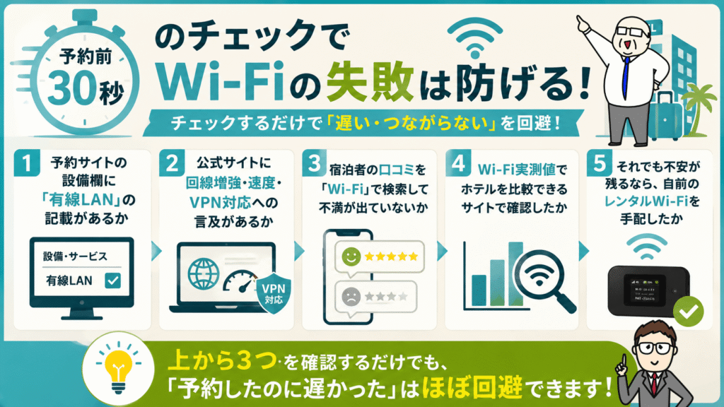 ホテル予約前にWi-Fi環境を確認する5つのチェックポイントを解説した図解