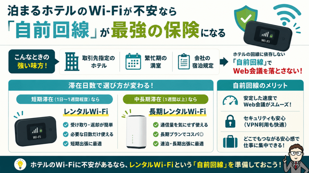 ホテルのWi-Fiが不安なときに役立つレンタルWi-Fi(自前回線)の活用方法を解説した図解