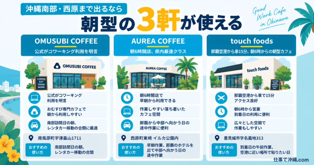 沖縄南部・西原で利用できる朝型カフェ3軒を紹介する図解。OMUSUBI COFFEE、AUREA COFFEE、touch foodsの営業時間や作業環境、アクセスをまとめています