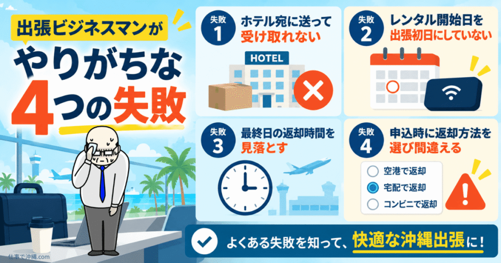 沖縄出張でやりがちなWi-Fiレンタルの4つの失敗をまとめた図解