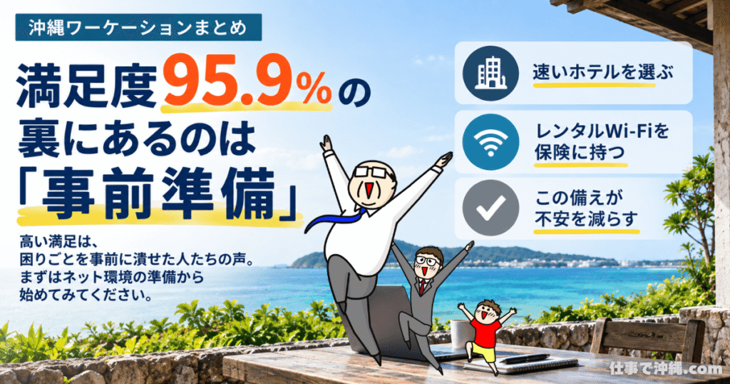 沖縄ワーケーションのまとめ図解。満足度95.9%の背景にある事前準備として、速いホテル選びやレンタルWi-Fiの準備を紹介