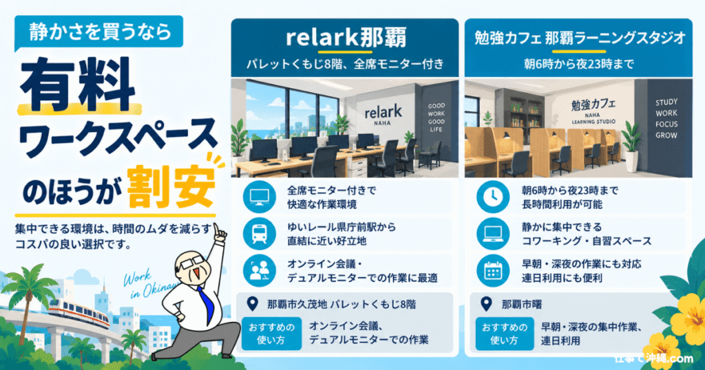 那覇で静かに集中できる有料ワークスペース2軒を紹介する図解