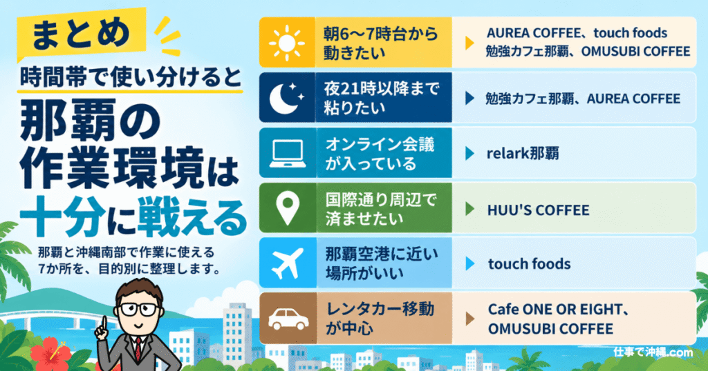 那覇と沖縄南部で仕事に使える7か所を目的別にまとめた図解
