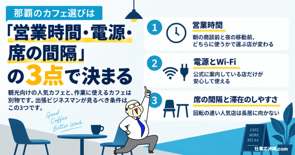 那覇で仕事に使えるカフェを選ぶ3つのポイントをまとめた図解。営業時間、電源・Wi-Fi、席の間隔と滞在のしやすさを紹介