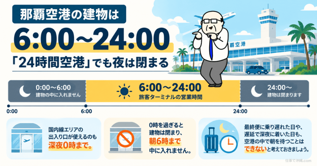 那覇空港の旅客ターミナル営業時間6:00〜24:00と深夜の閉館時間をまとめた図解