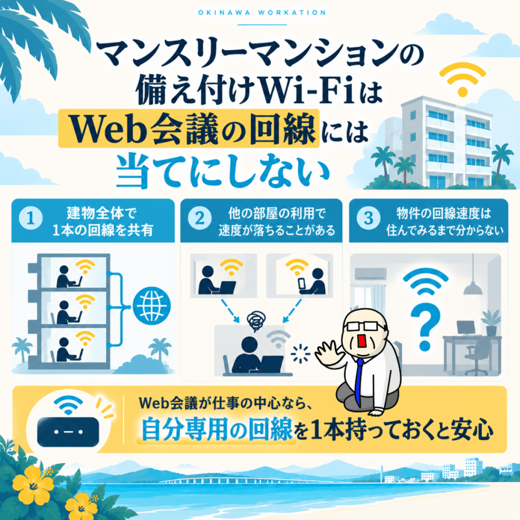 マンスリーマンションの備え付けWi-FiがWeb会議に不向きな理由をまとめた図解。建物全体で回線を共有する仕組み、他の部屋の利用による速度低下、入居前には回線速度が分からない点と、自分専用の回線を用意する重要性を紹介。