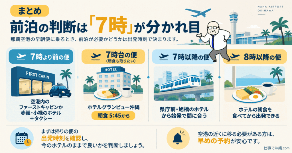 那覇空港の早朝便に向けた前泊の判断基準を出発時刻別にまとめた図解