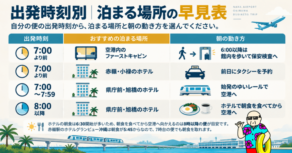 那覇空港の出発時刻別におすすめの宿泊場所と朝の移動方法をまとめた早見表