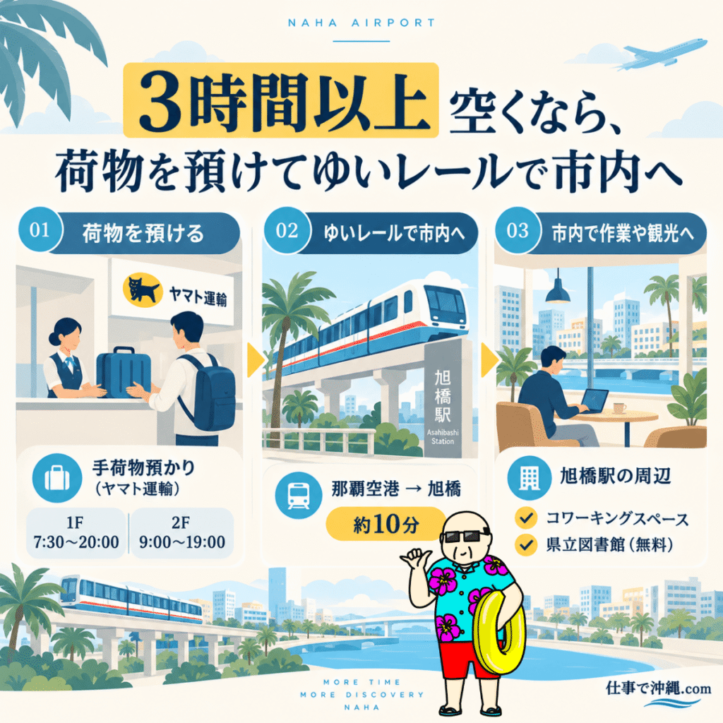 那覇空港で3時間以上の空き時間があるときの過ごし方を紹介。荷物を預けてゆいレールで那覇市内へ移動し、仕事や観光を楽しむ方法をまとめた図解。