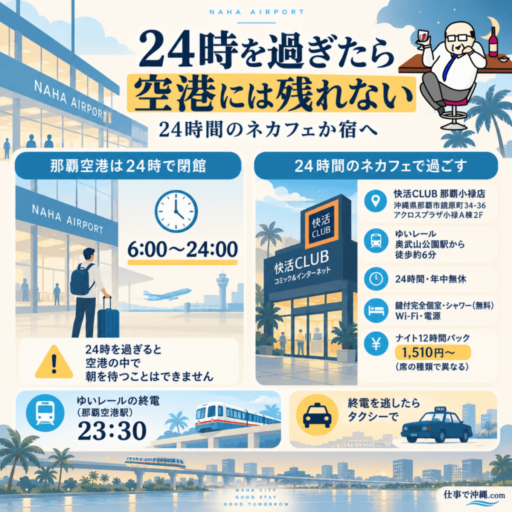 那覇空港の24時閉館と深夜の過ごし方をまとめた図解。24時間営業の快活CLUB那覇小禄店の場所、設備、料金、終電後のタクシー移動を紹介。