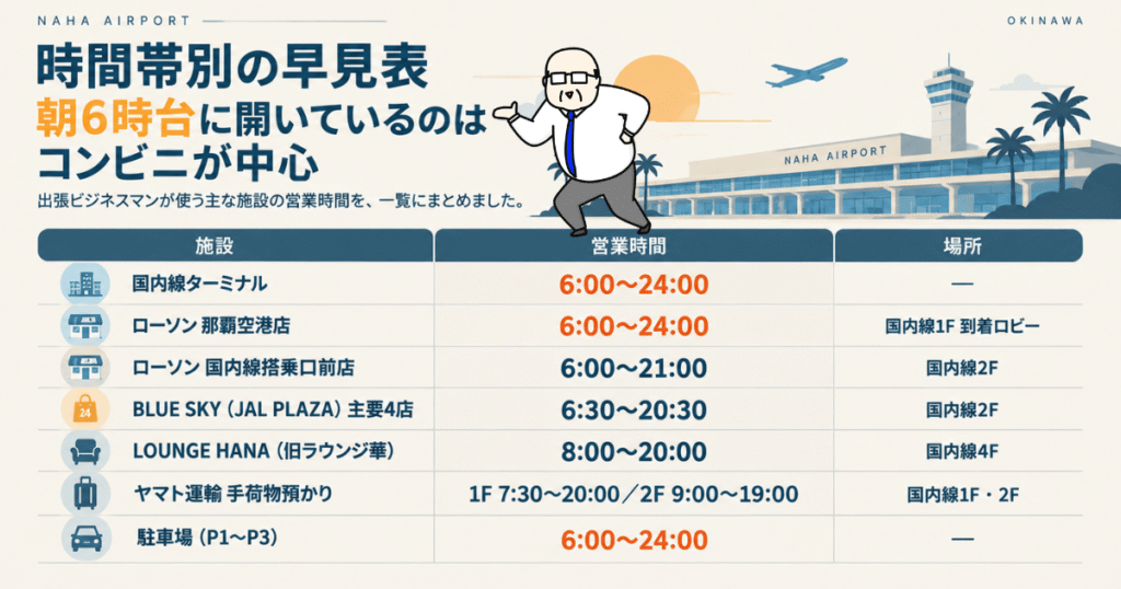 那覇空港の施設別営業時間をまとめた早見表。国内線ターミナルやコンビニ、ラウンジ、手荷物預かり、駐車場の営業時間を紹介