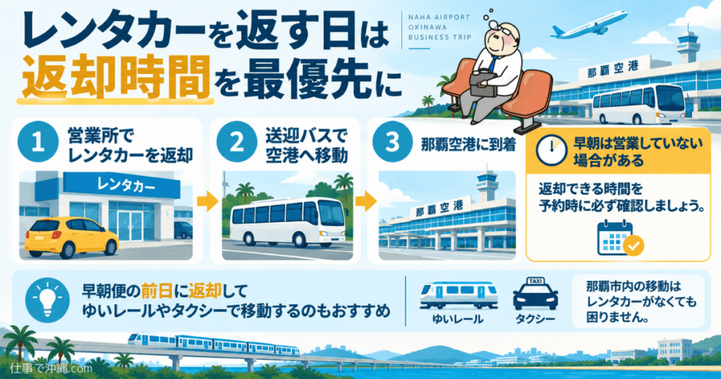 那覇空港の早朝便に向けたレンタカー返却時間と移動方法をまとめた図解
