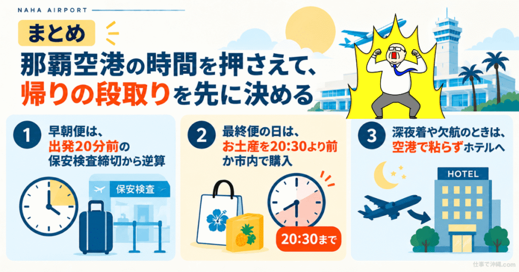 那覇空港の帰りの便に向けた早朝便・お土産・深夜着の3つの注意点をまとめた図解