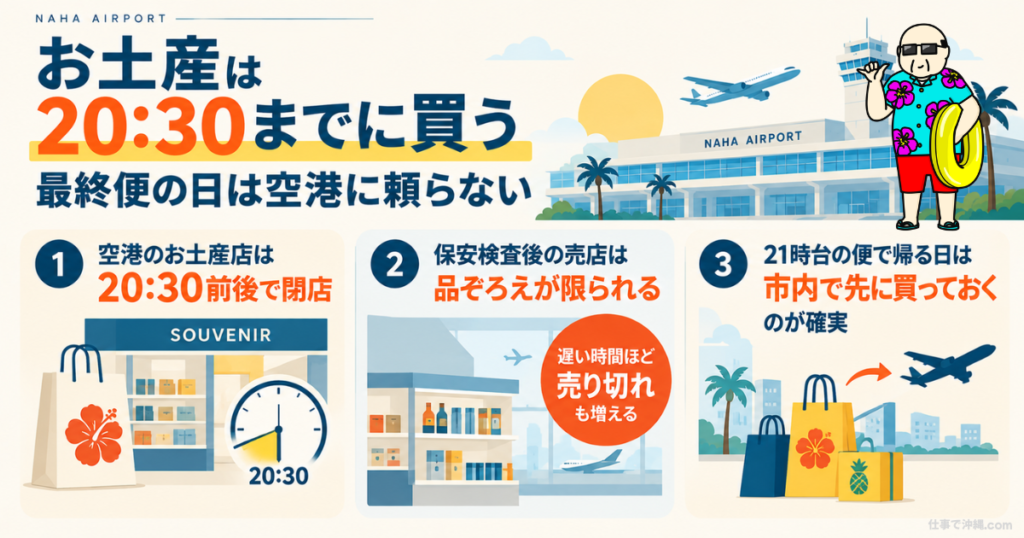 那覇空港のお土産店は20:30前後に閉店するため最終便の日は市内で購入することをすすめる図解