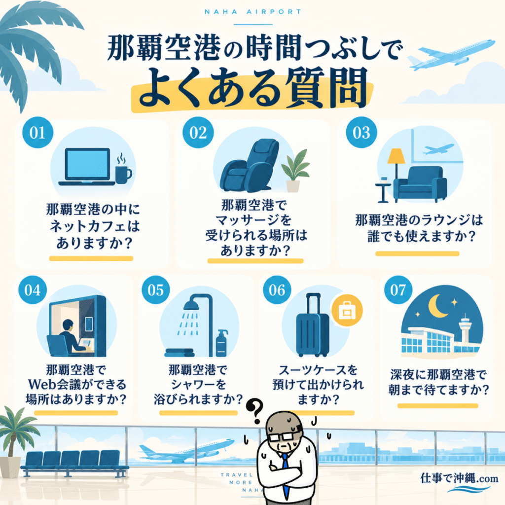 那覇空港の時間つぶしに関するよくある質問7選をまとめた図解。ネットカフェ、マッサージ、ラウンジ、Web会議、シャワー、荷物預かり、深夜の過ごし方を紹介。