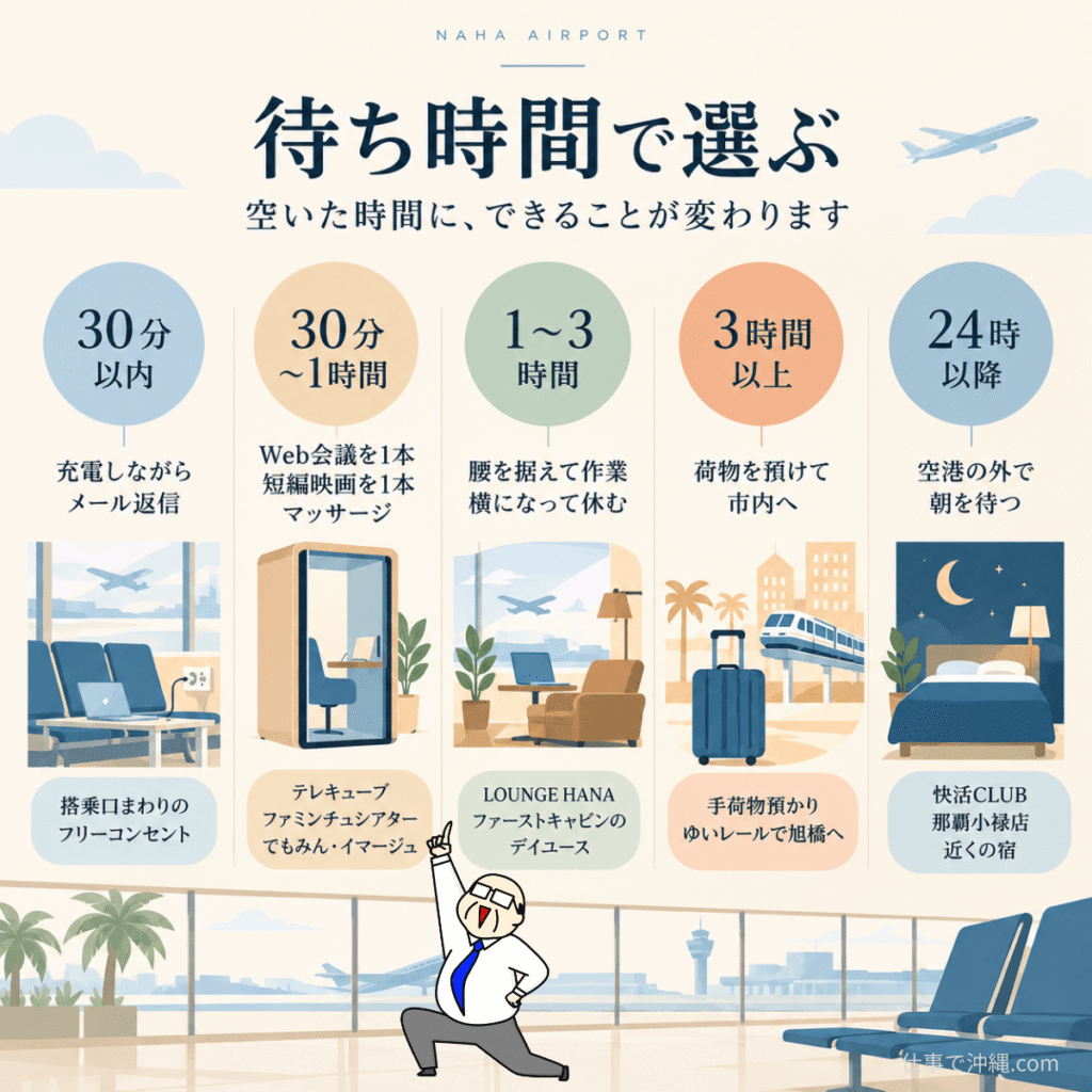 那覇空港の待ち時間別の過ごし方をまとめた図解。充電やメール返信、Web会議、休憩、市内への移動、深夜の宿泊先を紹介。