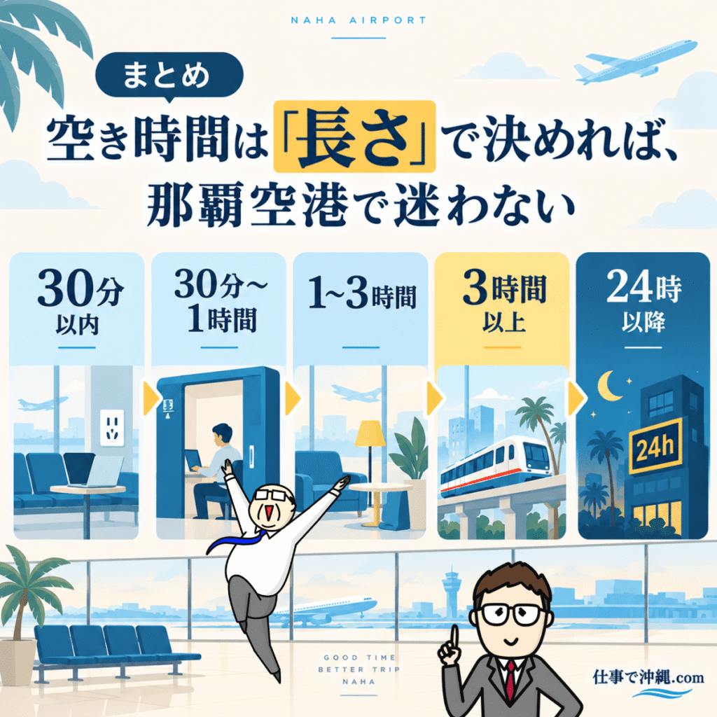 那覇空港の待ち時間別の過ごし方をまとめた図解。30分以内のメール返信からWeb会議、休憩、市内への移動、24時以降の過ごし方まで5つの時間帯別に紹介。