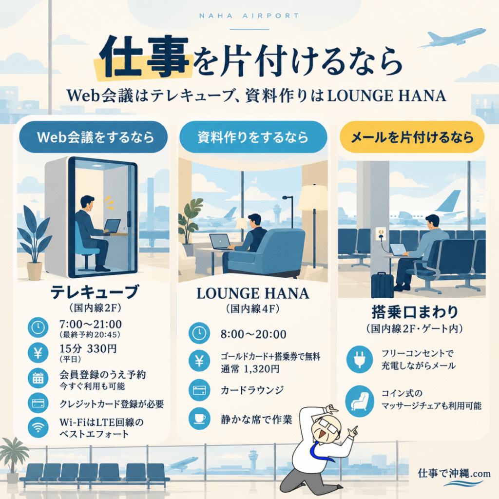 那覇空港で仕事ができる場所を比較した図解。Web会議向けのテレキューブ、資料作り向けのLOUNGE HANA、メール返信向けの搭乗口まわりを紹介。