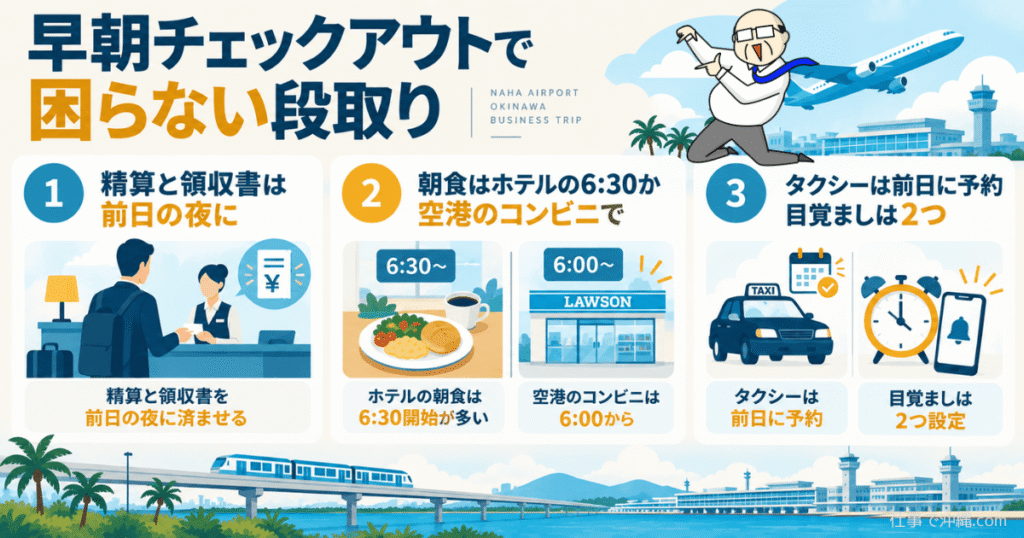 那覇空港の早朝便に向けたホテルのチェックアウト準備を3つのポイントでまとめた図解