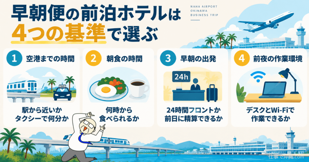 那覇空港の早朝便に向けた前泊ホテルの選び方を4つの基準でまとめた図解