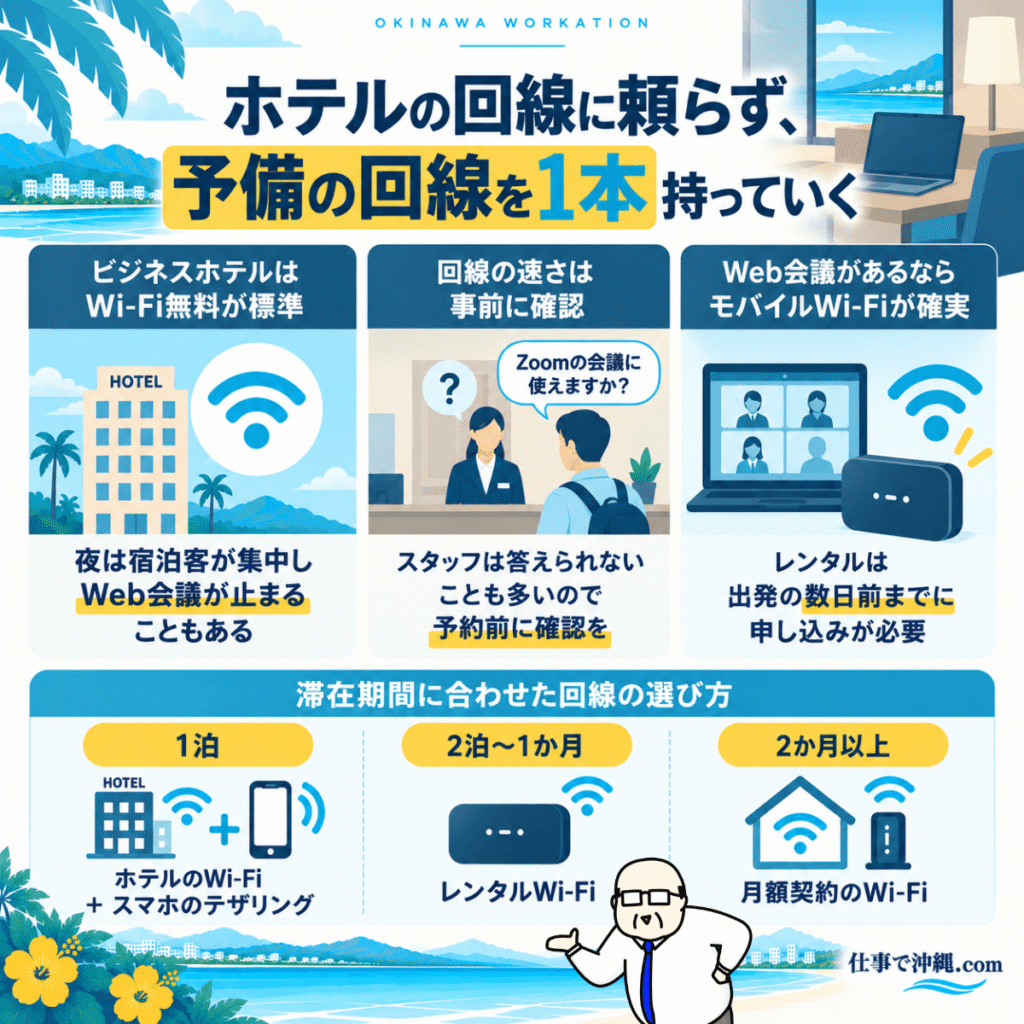 沖縄出張でホテルのWi-Fiに頼らず予備の回線を用意する方法をまとめた図解。ホテルのWi-Fiは夜に通信が集中することがあり、Web会議にはモバイルWi-Fiが安心。1泊はホテルのWi-Fiとスマホのテザリング、2泊〜1か月はレンタルWi-Fi、2か月以上は月額契約のWi-Fiを推奨。