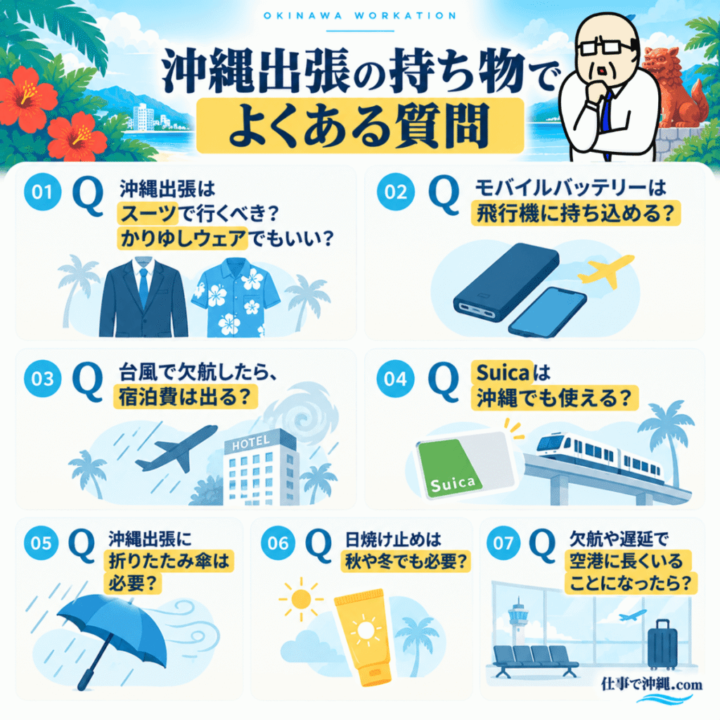 沖縄出張の持ち物に関するよくある質問7選の図解。スーツとかりゆしウェアの選び方、モバイルバッテリーの飛行機持ち込み、台風による欠航時の宿泊費、Suicaの利用、折りたたみ傘、日焼け止め、空港での長い待ち時間についての質問を掲載。