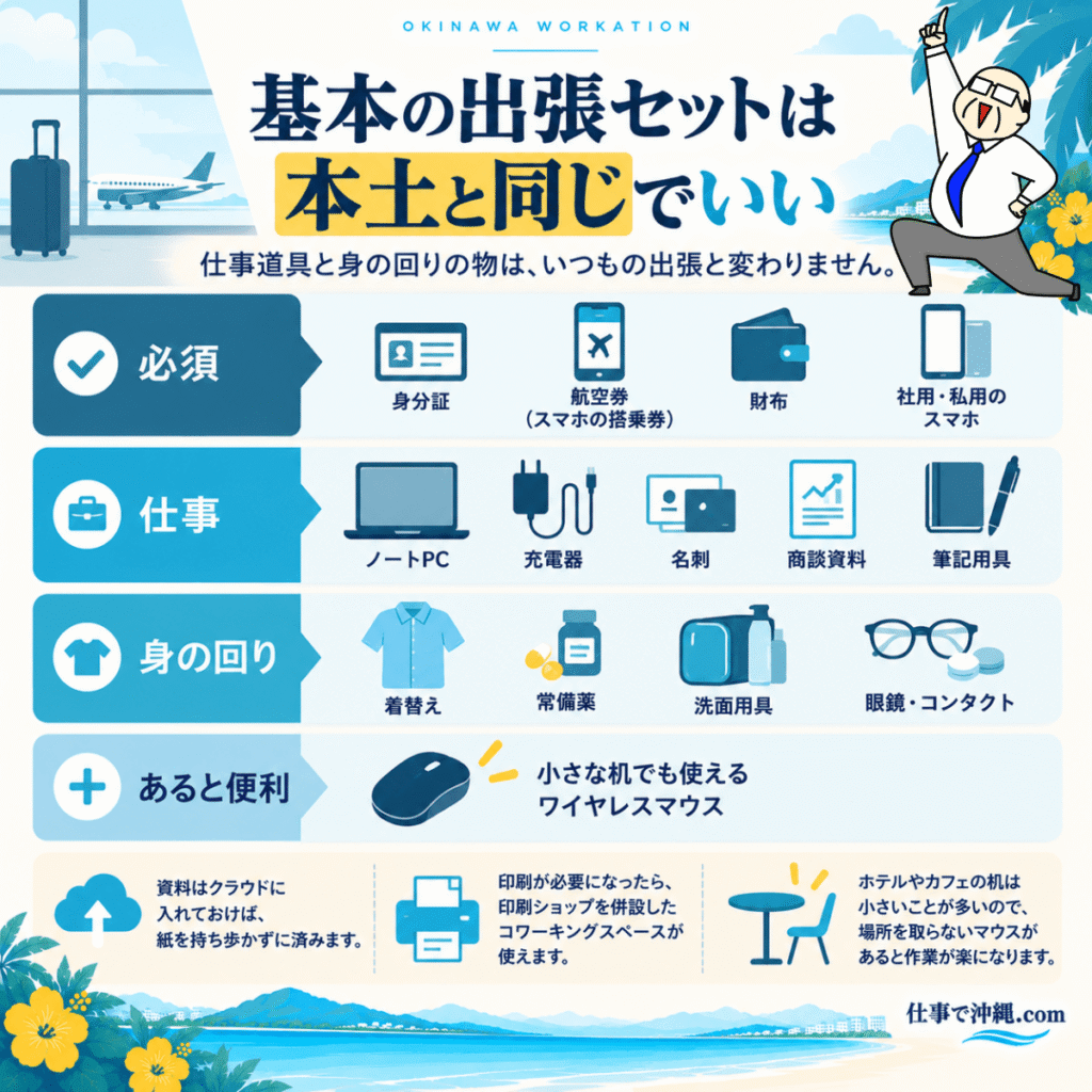 沖縄出張の基本の持ち物リストをまとめた図解。身分証や航空券、財布、スマホなどの必需品、ノートPCや充電器などの仕事道具、着替えや常備薬などの身の回り品、あると便利なワイヤレスマウスを紹介。資料のクラウド保存や印刷できるコワーキングスペースの活用方法も掲載。