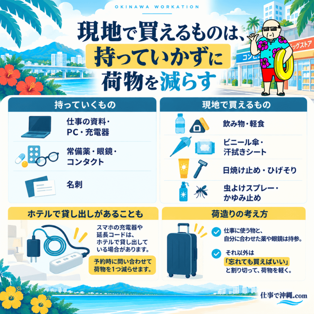 沖縄出張の荷物を減らすための持ち物リストをまとめた図解。仕事の資料やPC、充電器、常備薬、眼鏡、名刺は持参し、飲み物や軽食、ビニール傘、汗拭きシート、日焼け止めなどは現地で購入。ホテルの充電器や延長コードの貸し出しを事前に確認する方法も紹介。