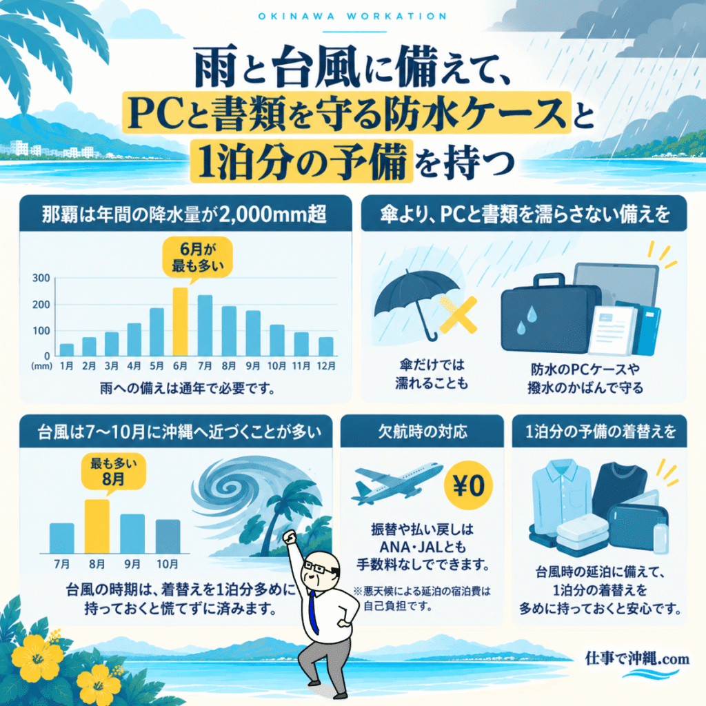 沖縄出張の雨・台風対策をまとめた図解。年間降水量や梅雨・台風の時期、防水PCケースや撥水かばんでパソコンと書類を守る方法、欠航時の対応、延泊に備えた1泊分の予備の着替えを紹介。