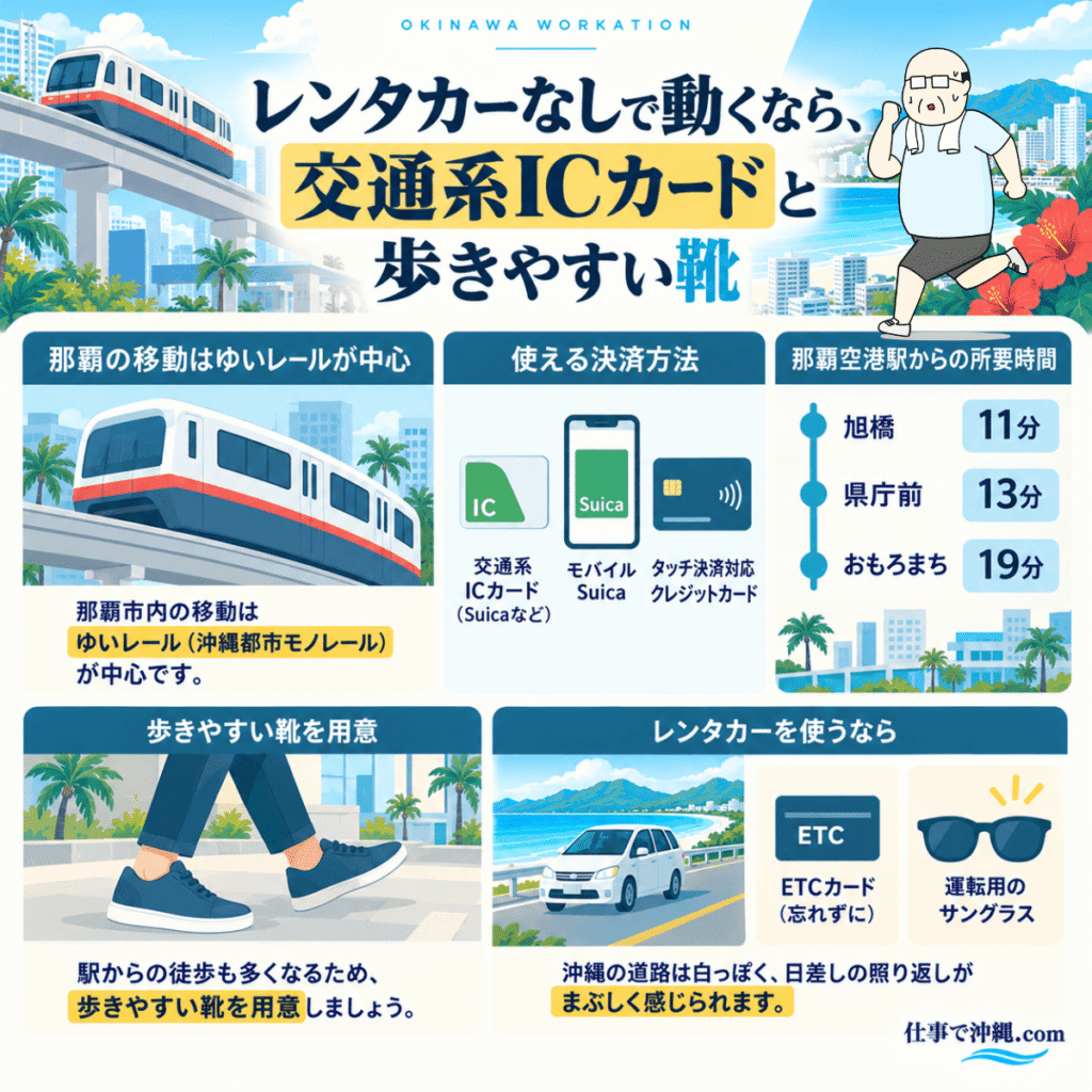 沖縄出張の移動手段と持ち物をまとめた図解。那覇市内で使えるゆいレールや交通系ICカード、モバイルSuica、タッチ決済対応クレジットカード、那覇空港駅から旭橋・県庁前・おもろまちまでの所要時間、歩きやすい靴、レンタカー利用時のETCカードとサングラスを紹介。