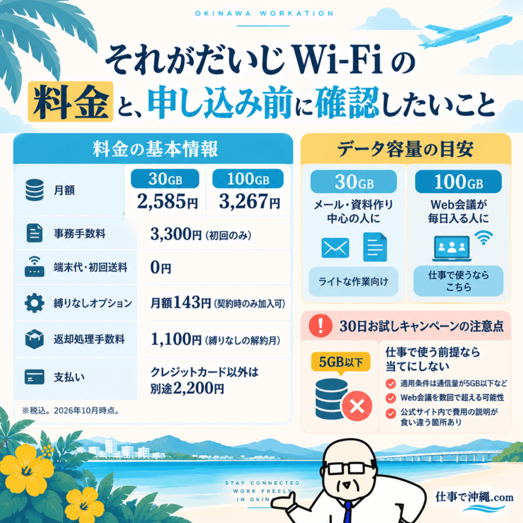 それがだいじWi-Fiの料金と申し込み前の注意点をまとめた図解。30GB・100GBの月額料金、初回事務手数料、縛りなしオプション、データ容量の選び方、30日お試しキャンペーンの条件を紹介。
