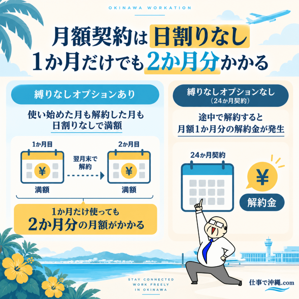 それがだいじWi-Fiの月額契約における日割りなしの料金体系をまとめた図解。縛りなしオプションでは1か月だけの利用でも2か月分の月額料金がかかり、24か月契約の途中解約では月額1か月分の解約金が発生する仕組みを紹介。